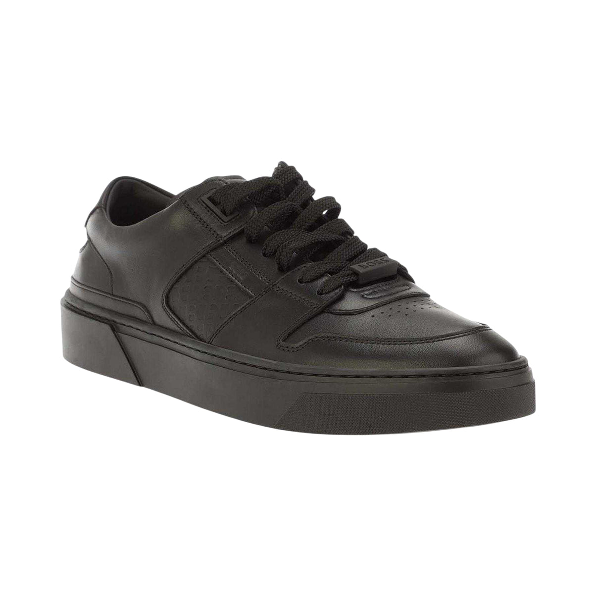 Black - Front - Boss Mens Gary Leather Flat Trainers