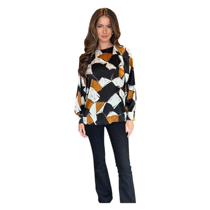 Black-White-Brown - Side - AX Paris Womens-Ladies Geometric Polyester Blouse