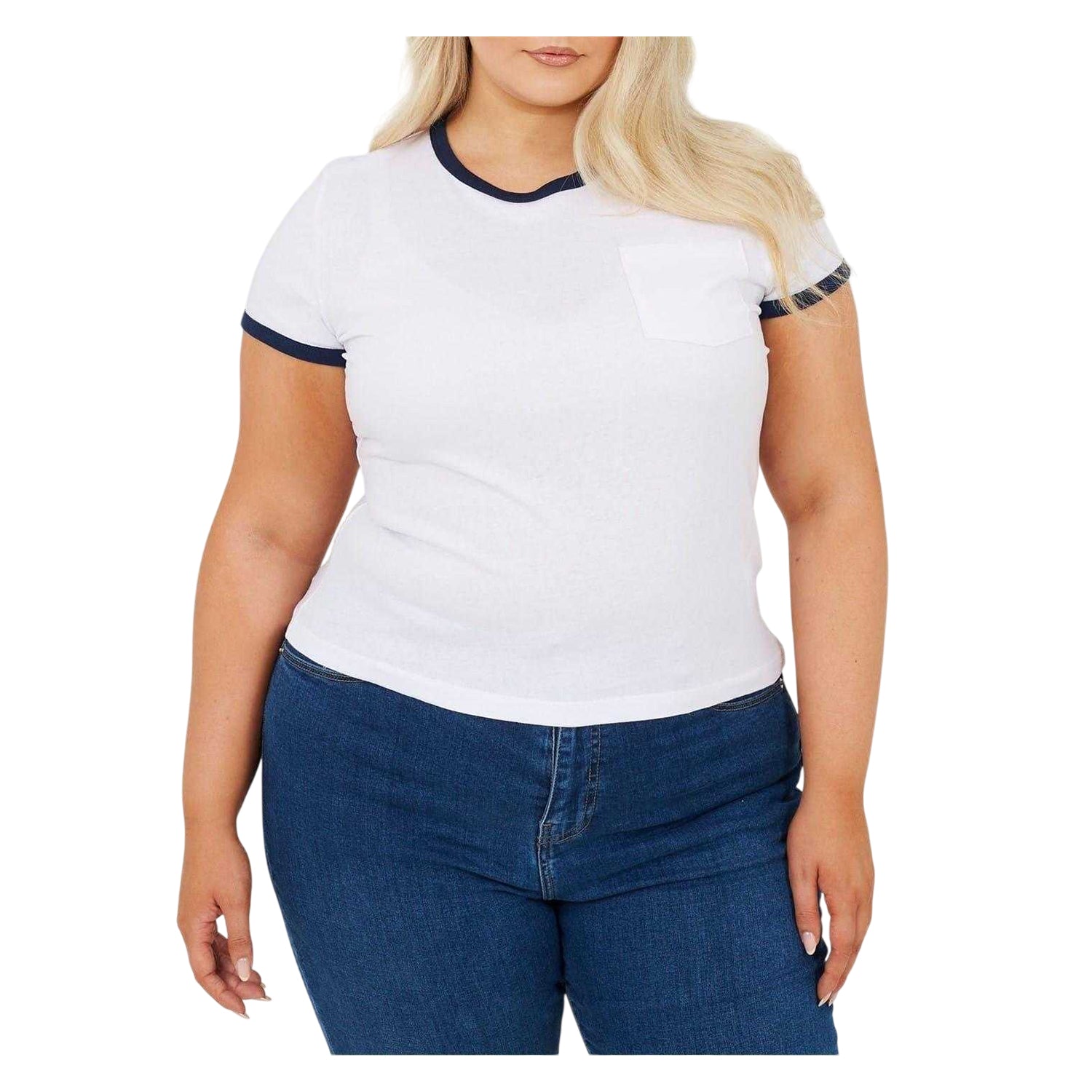White-Navy - Front - Brave Soul Womens-Ladies Contrast Detail Plus T-Shirt