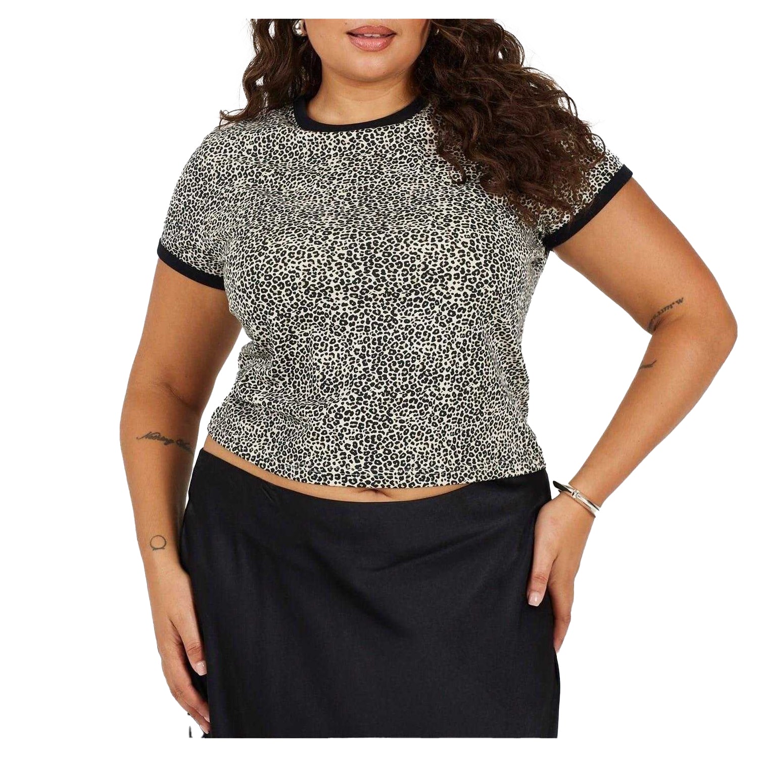 Leopard-Black - Front - Brave Soul Womens-Ladies Leopard Print Cropped Plus T-Shirt