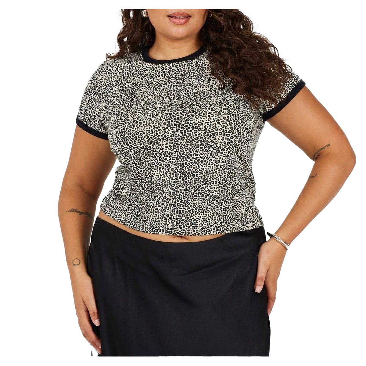 Leopard-Black - Front - Brave Soul Womens-Ladies Leopard Print Cropped Plus T-Shirt