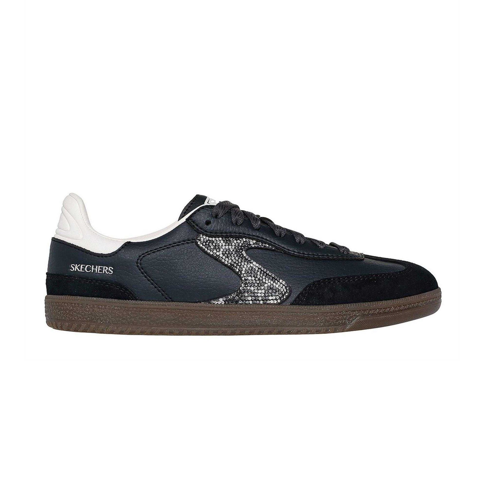 Black - Side - Skechers Womens-Ladies Leopard Print Leather Low Cut Trainers
