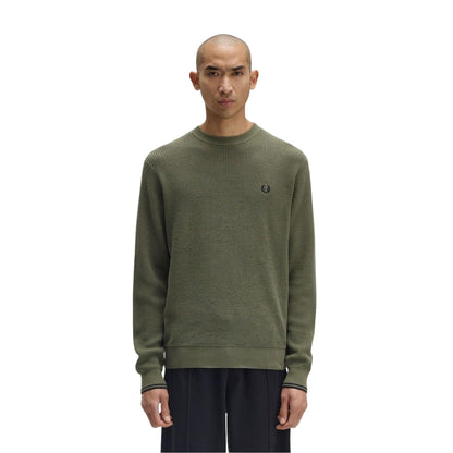 Green - Side - Fred Perry Mens Embroidered Logo Waffle Jumper