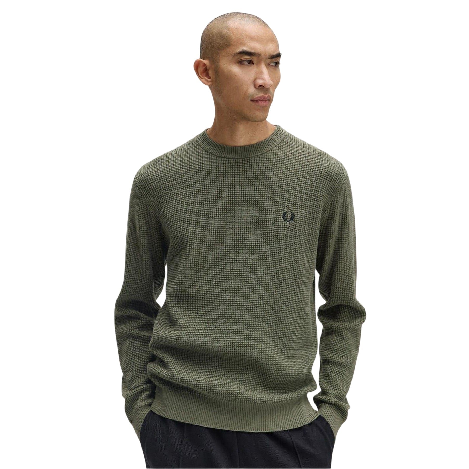 Green - Pack Shot - Fred Perry Mens Embroidered Logo Waffle Jumper
