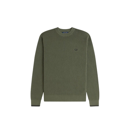 Green - Front - Fred Perry Mens Embroidered Logo Waffle Jumper