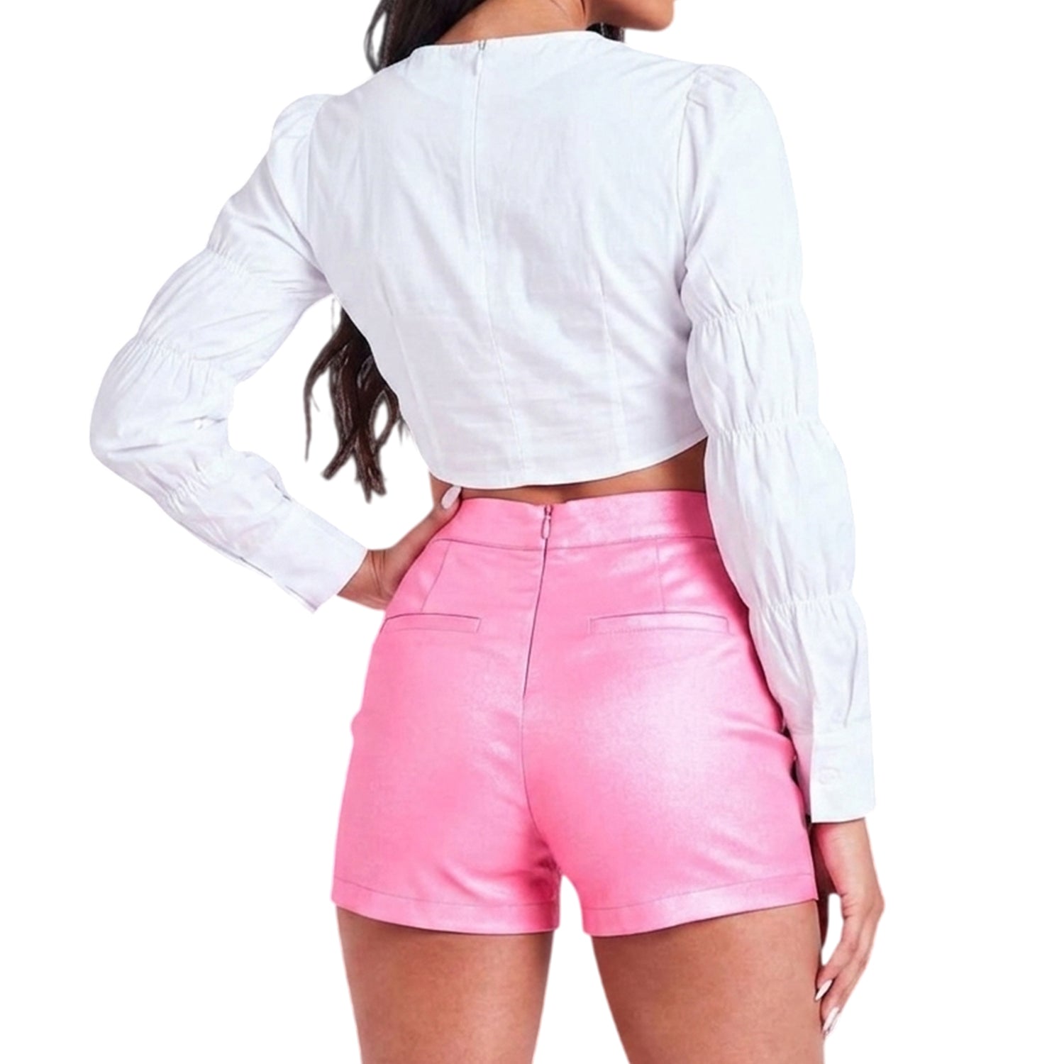 Pink - Back - Missy Empire Womens-Ladies High Waist Shorts
