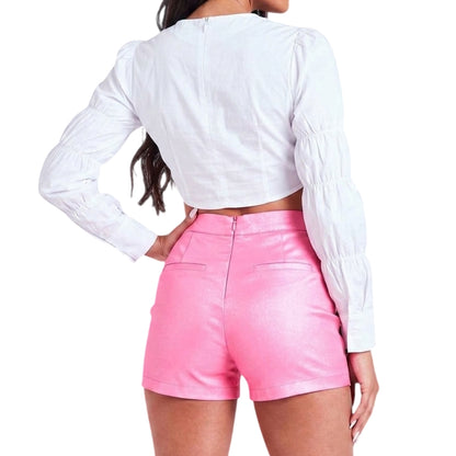Pink - Back - Missy Empire Womens-Ladies High Waist Shorts