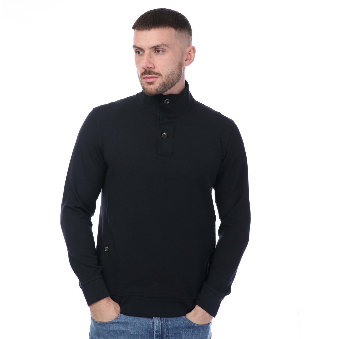 Navy - Front - Mercery Mens Lux Jersey Button Neck Sweatshirt