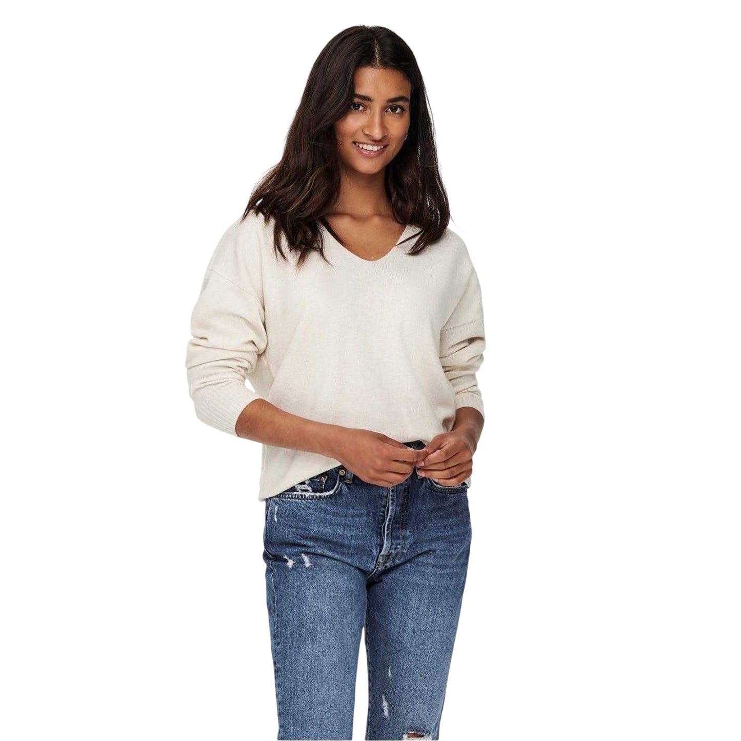 Birch Marl - Side - Only Womens-Ladies Rica V Neck Jumper