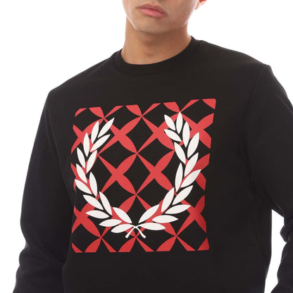 Black - Side - Fred Perry Mens Cross Stitch Crew Neck Sweatshirt