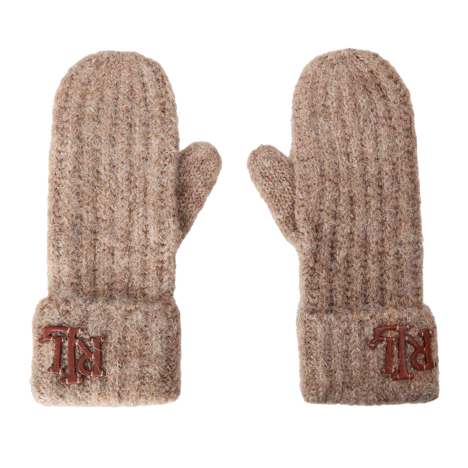 Taupe - Side - Ralph Lauren Womens-Ladies Leather Embroidered Logo Mittens