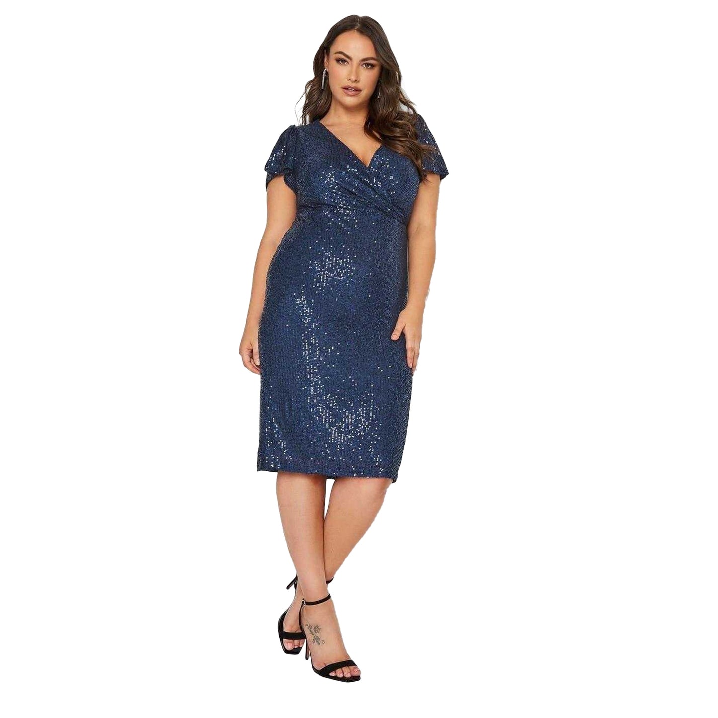 Navy - Front - London Womens-Ladies Sequin Wrap Dress