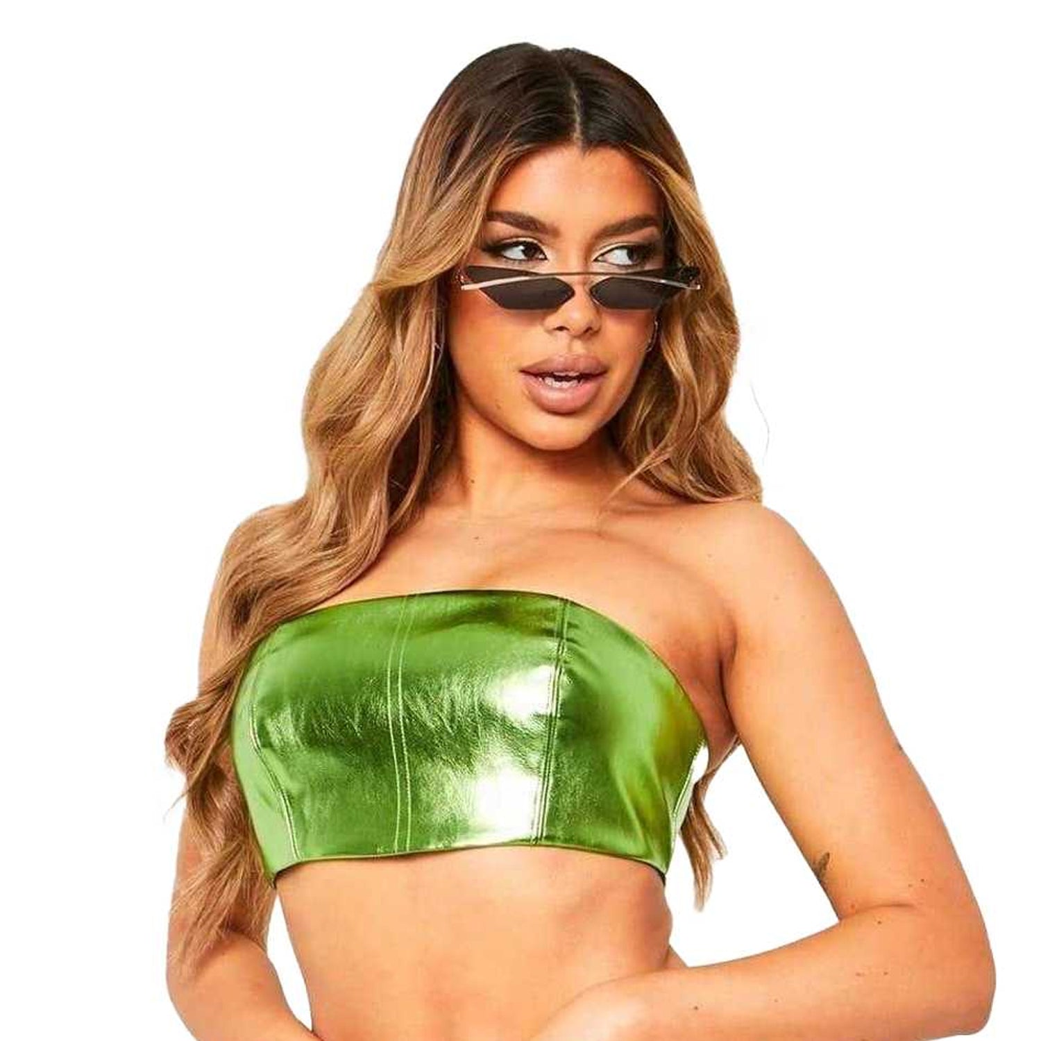 Green - Front - Missy Empire Womens-Ladies Metallic Festival Crop Top