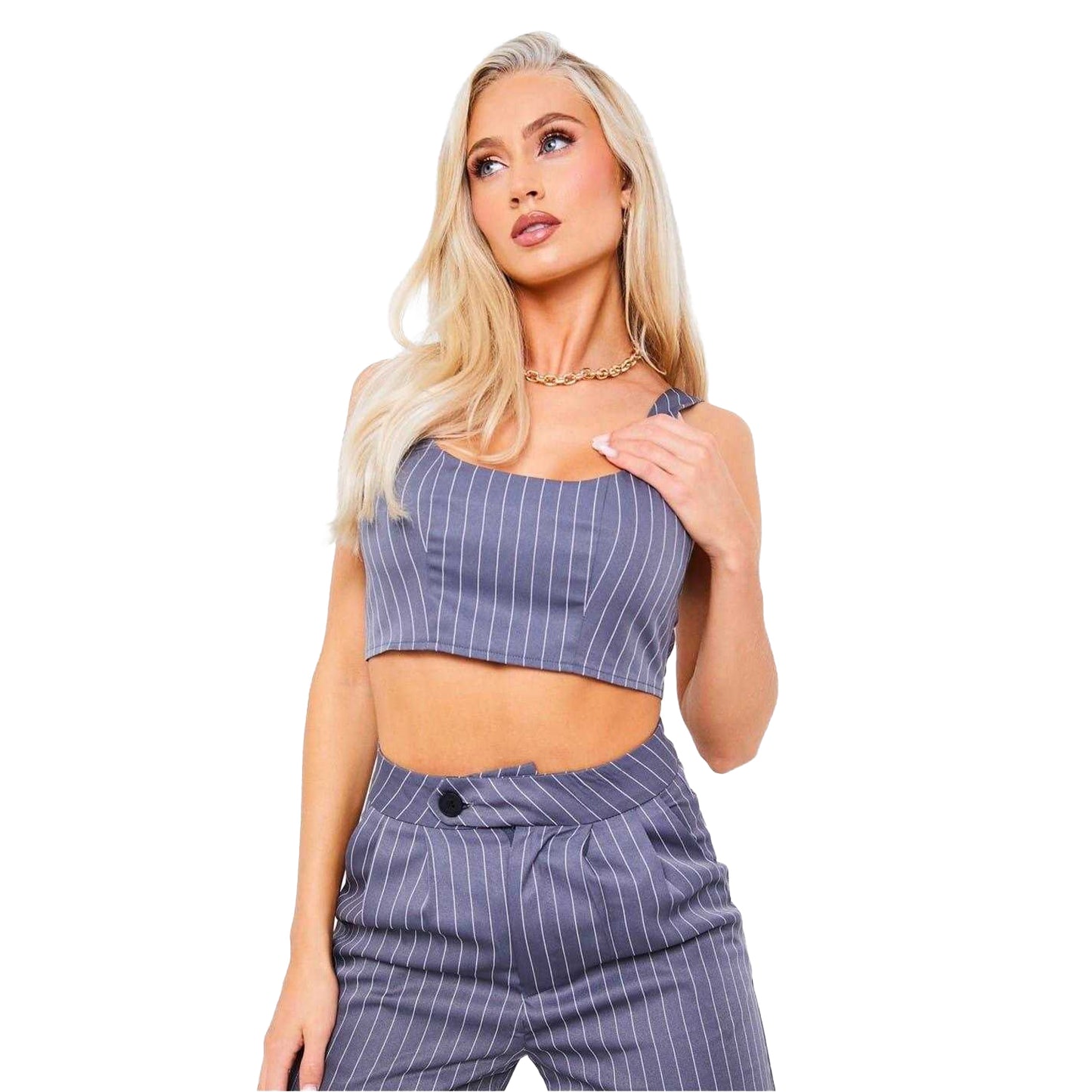 Grey - Front - Missy Empire Womens-Ladies Pinstripe Scoop Neck Tailored Crop Top