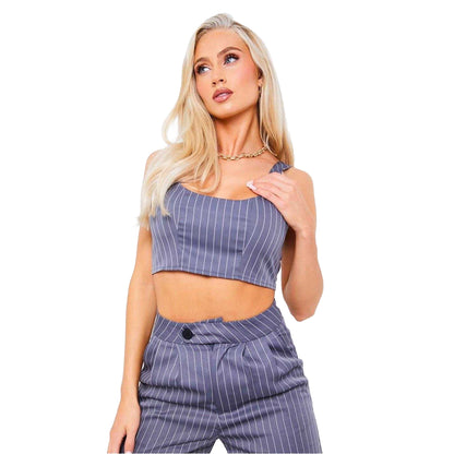 Grey - Front - Missy Empire Womens-Ladies Pinstripe Scoop Neck Tailored Crop Top
