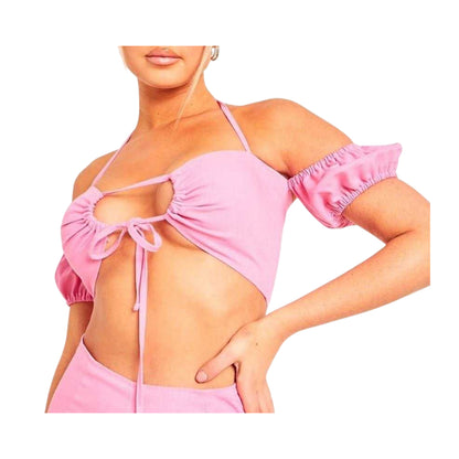 Pink - Back - Missy Empire Womens-Ladies Linen Front Tie Crop Top