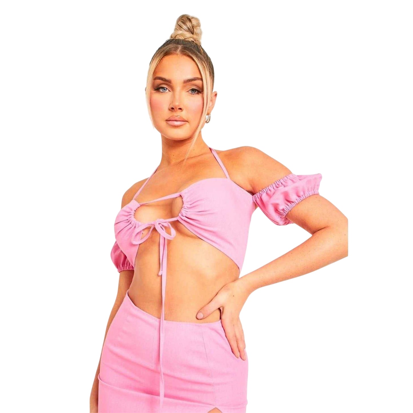 Pink - Front - Missy Empire Womens-Ladies Linen Front Tie Crop Top