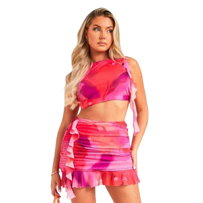 Pink Print - Front - Missy Empire Womens-Ladies Mesh Frill Crop Top