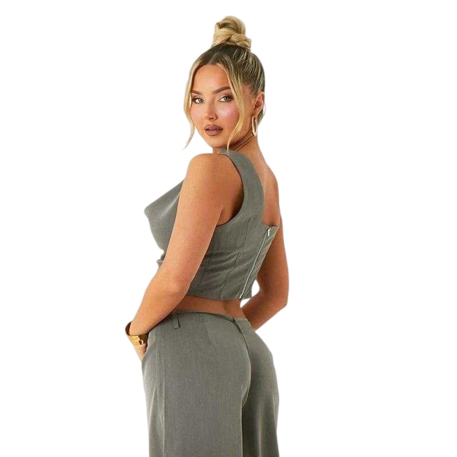 Grey - Back - Missy Empire Womens-Ladies Asymmetric Cowl Neck Crop Top