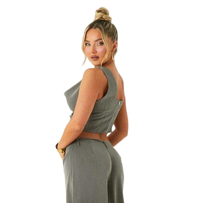 Grey - Back - Missy Empire Womens-Ladies Asymmetric Cowl Neck Crop Top