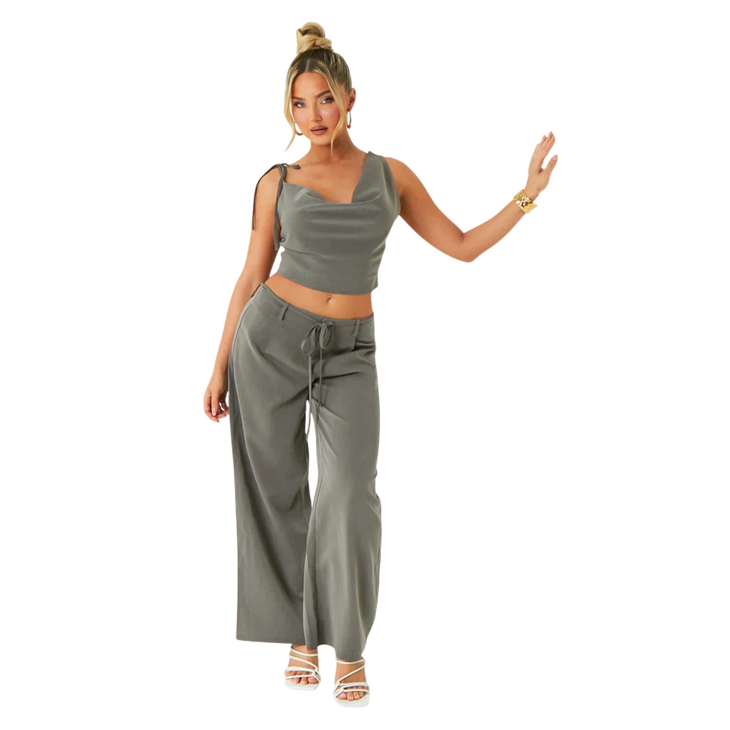 Grey - Side - Missy Empire Womens-Ladies Asymmetric Cowl Neck Crop Top