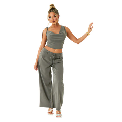 Grey - Side - Missy Empire Womens-Ladies Asymmetric Cowl Neck Crop Top