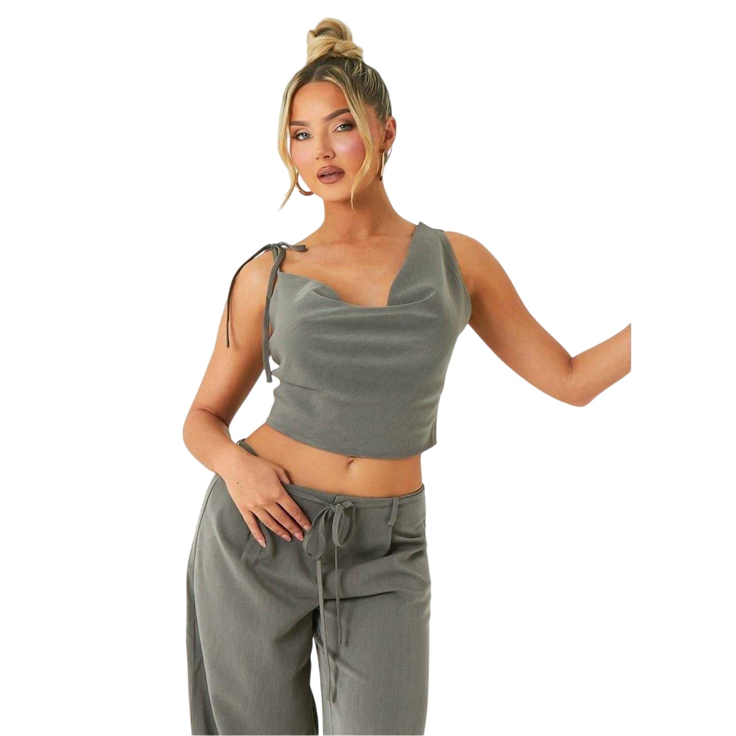 Grey - Front - Missy Empire Womens-Ladies Asymmetric Cowl Neck Crop Top