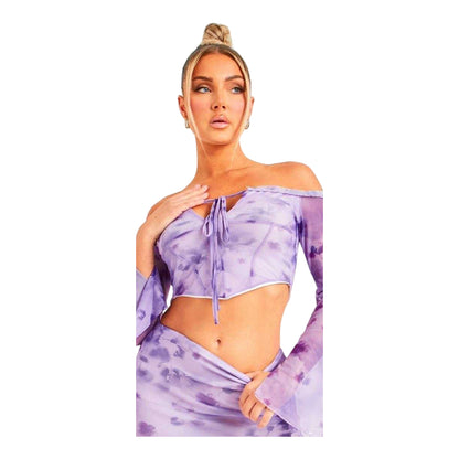 Purple - Back - Missy Empire Womens-Ladies Mesh Off Shoulder Crop Top