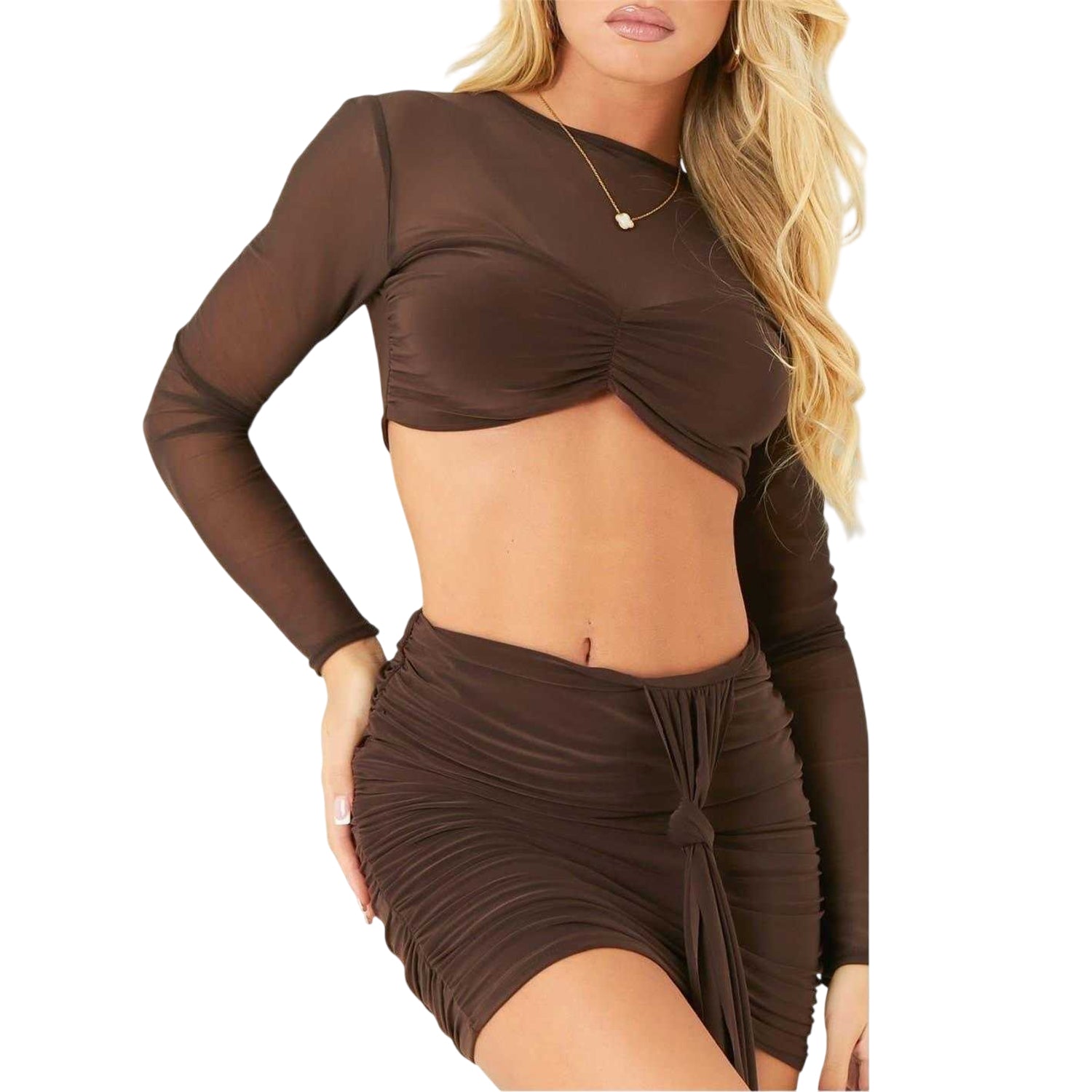 Chocolate - Side - Missy Empire Womens-Ladies Mesh Top & Skirt Set