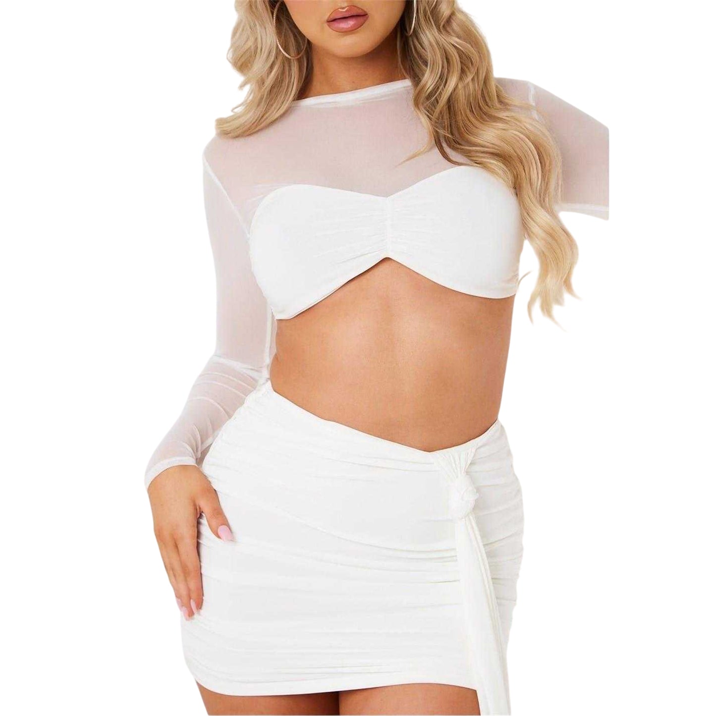 White - Side - Missy Empire Womens-Ladies Mesh Top & Skirt Set