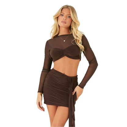 Chocolate - Front - Missy Empire Womens-Ladies Mesh Top & Skirt Set