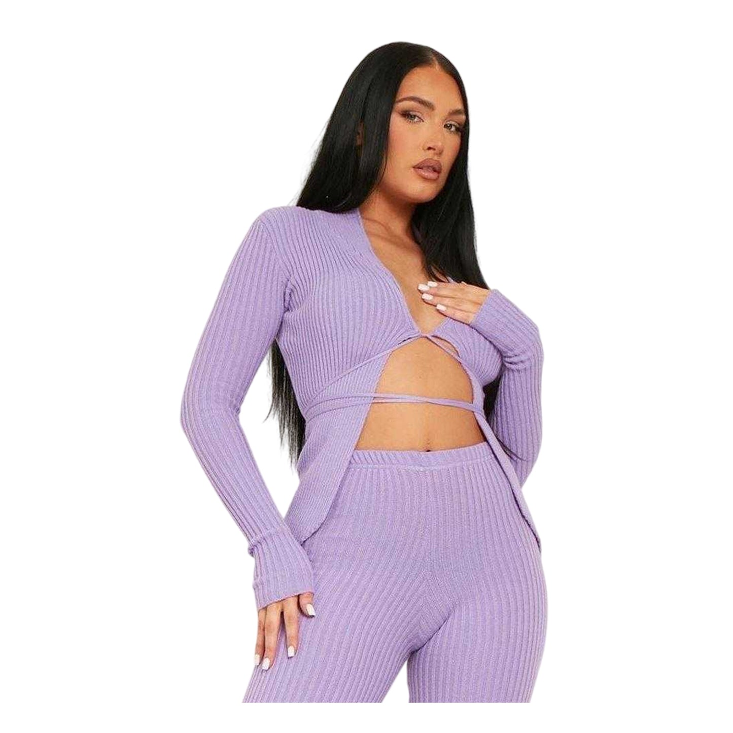 Purple - Back - Missy Empire Womens-Ladies Ribbed Side Split Hem High Waist Trousers