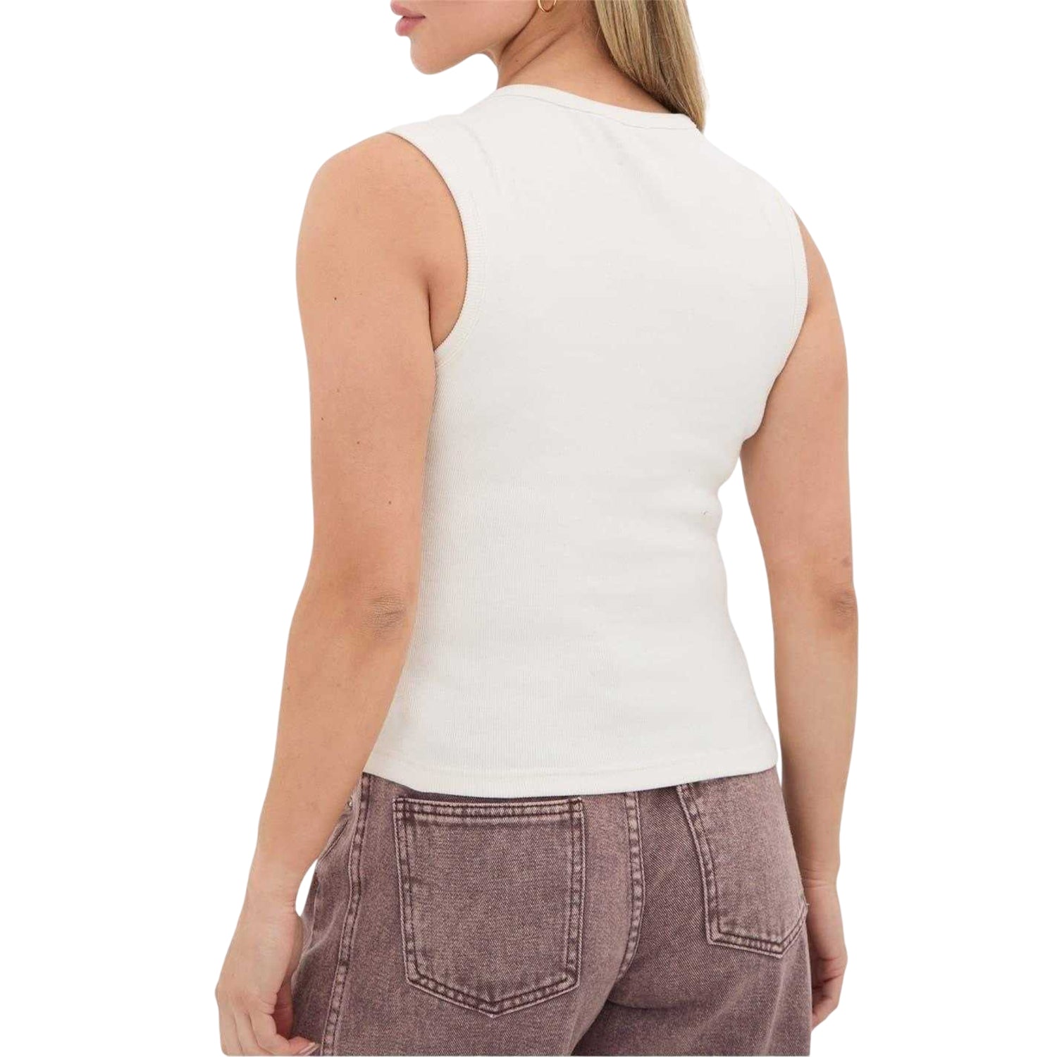 Cream - Back - I Saw It First Womens-Ladies Ribbed Button-Down Sleeveless Top