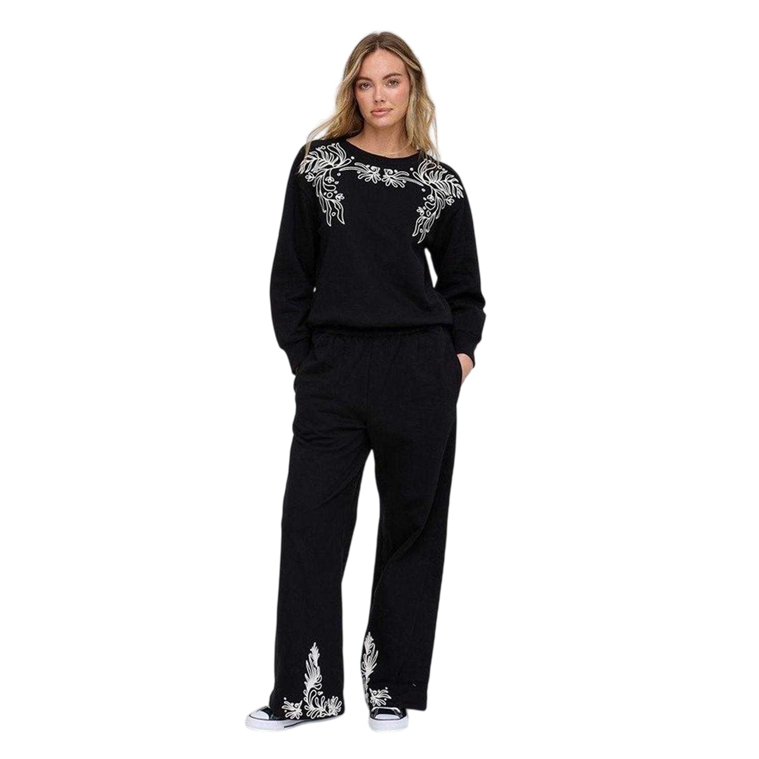 Black - Side - Raffya Womens-Ladies Marmalade Embroidered Wide Leg Trousers