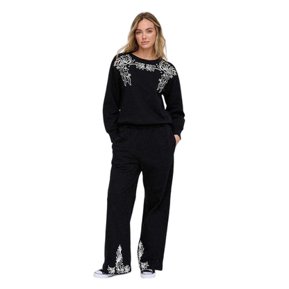 Black - Side - Raffya Womens-Ladies Marmalade Embroidered Wide Leg Trousers