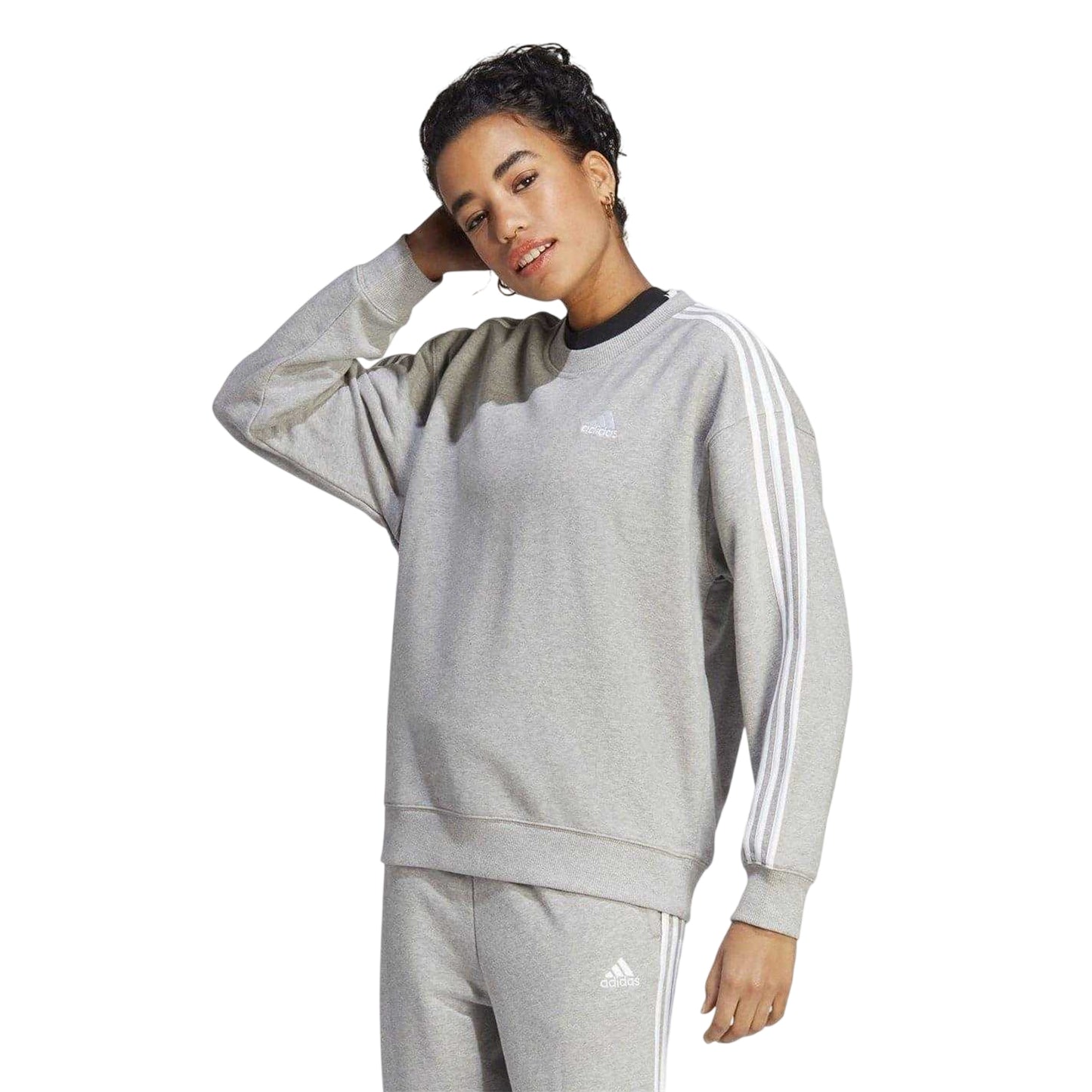 Medium Grey - Side - Adidas Womens-Ladies Studio Lounge 3 Stripes Loose Fit Sweatshirt