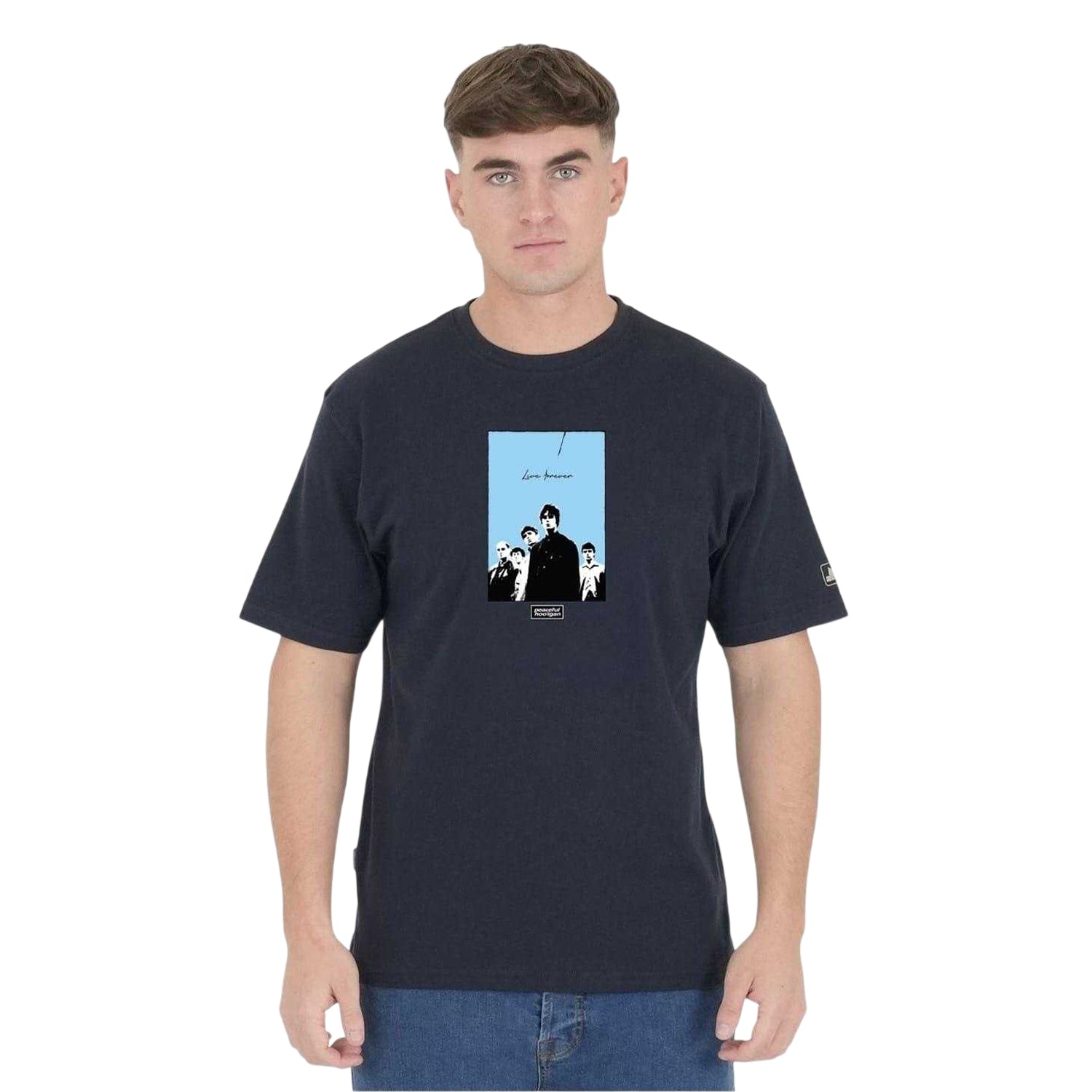 Navy - Front - Oasis Unisex Adult Live Forever Graphic Print T-Shirt
