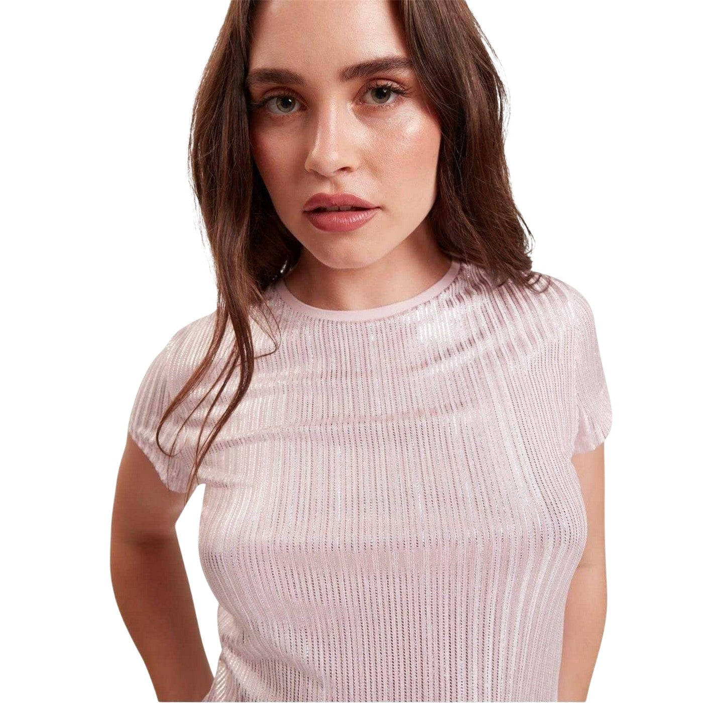 Light Pink - Side - Ted Baker Womens-Ladies Metallic Stripes Slim T-Shirt