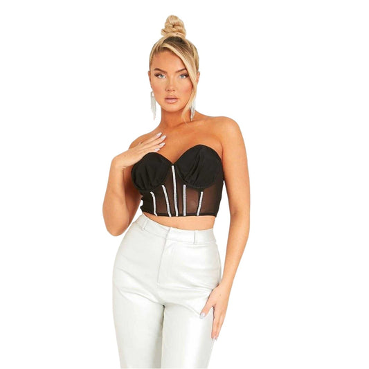 Black - Front - Missy Empire Womens-Ladies Diamante Corset Top