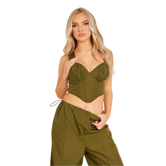 Khaki Green - Front - Missy Empire Womens-Ladies Ruched Bust Corset Top