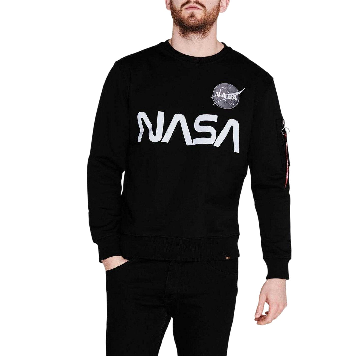 Black - Pack Shot - Alpha Industries Mens NASA Reflective Crew Neck Sweatshirt