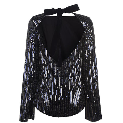 Metallic Silver - Back - Perserverance Womens-Ladies Sequin Long-Sleeved Blouse
