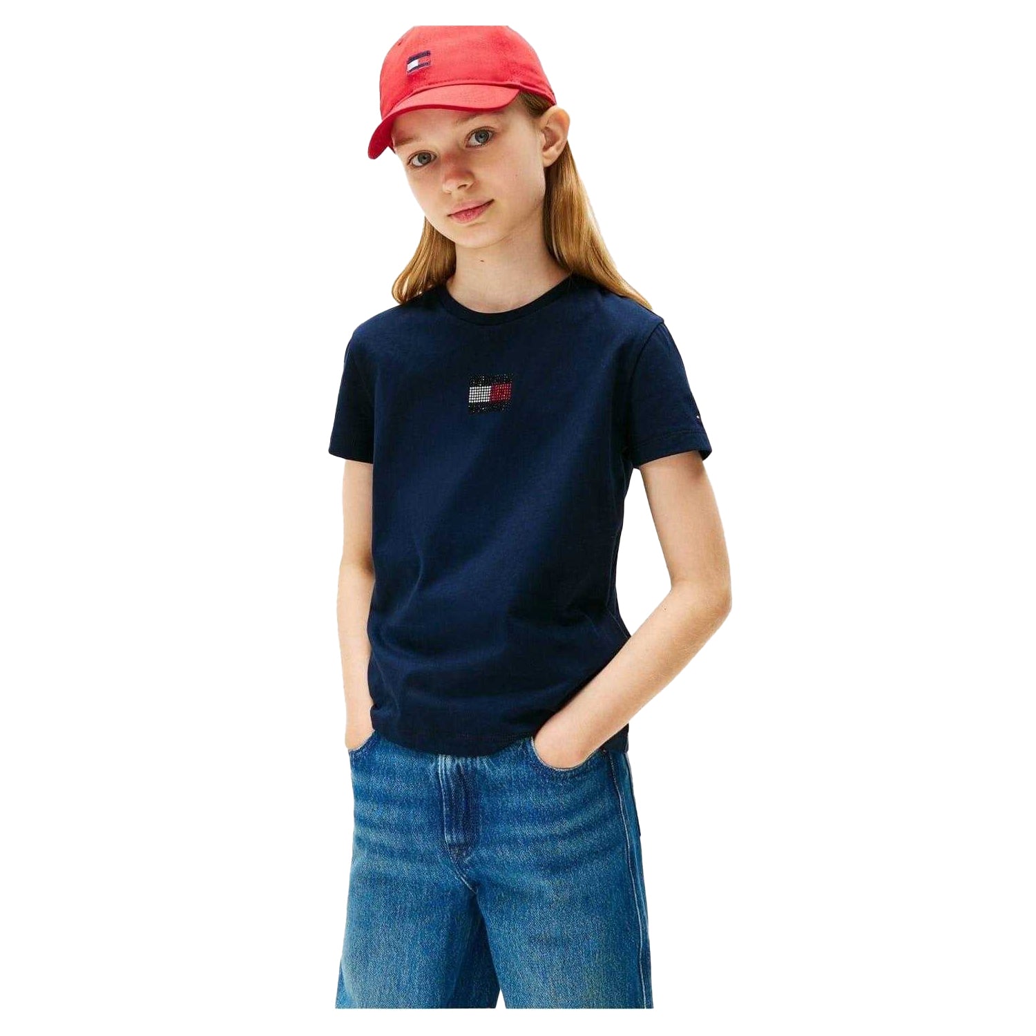 Night Navy - Side - Tommy Hilfiger Girls Diamante Regular T-Shirt
