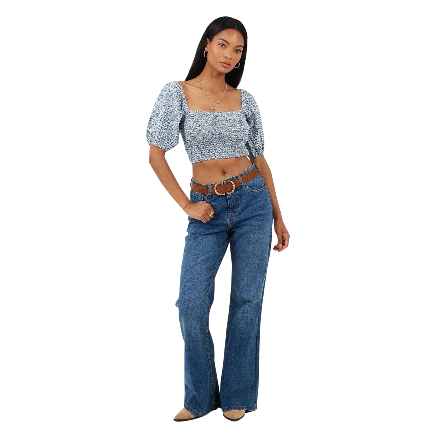 Blue - Side - Brave Soul Womens-Ladies Ditsy Floral Puff Sleeve Top