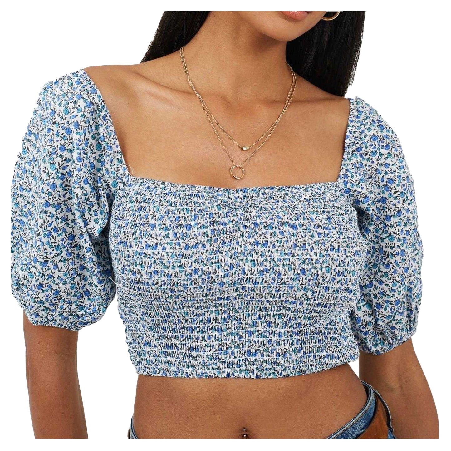 Blue - Front - Brave Soul Womens-Ladies Ditsy Floral Puff Sleeve Top
