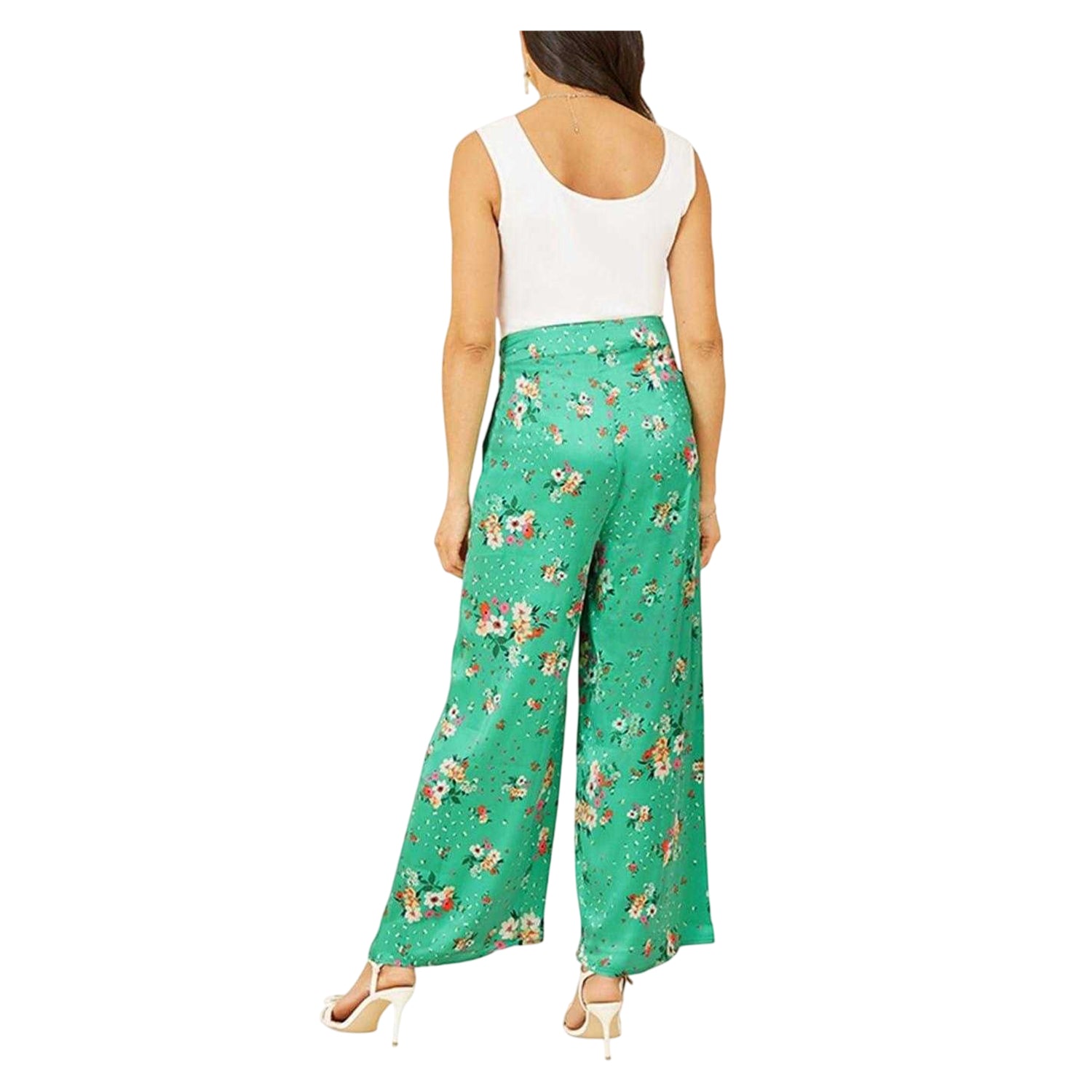 Green - Back - Yumi Womens-Ladies Satin Floral Wide Leg Trousers