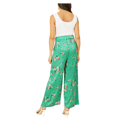 Green - Back - Yumi Womens-Ladies Satin Floral Wide Leg Trousers