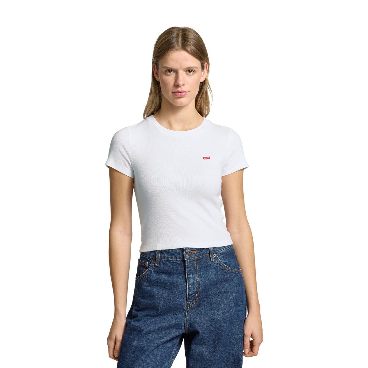 White - Side - Levis Womens-Ladies Essential Ribbed Sport Crop Top