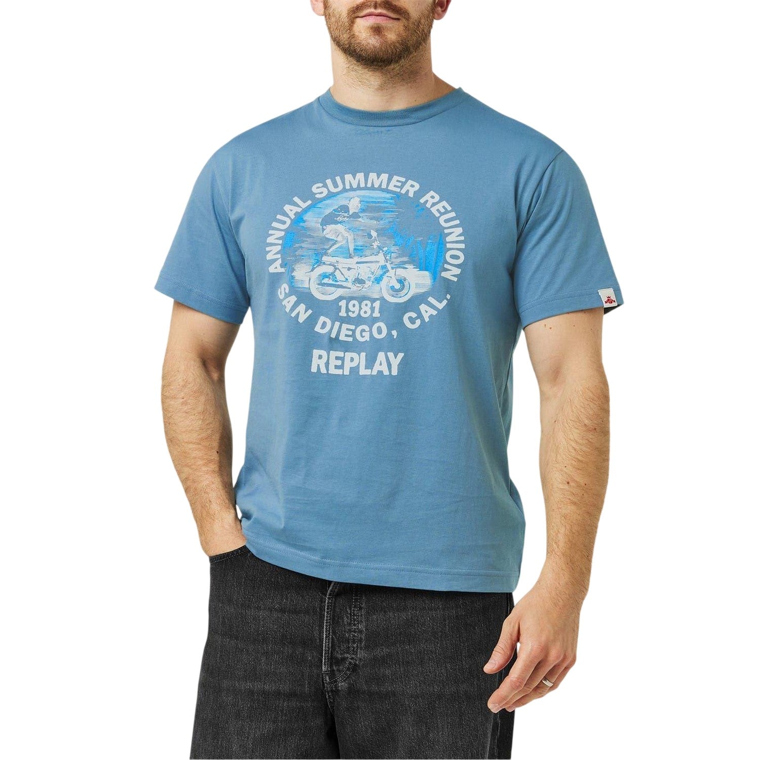Blue - Side - Replay Mens Motorbike Cotton Regular T-Shirt