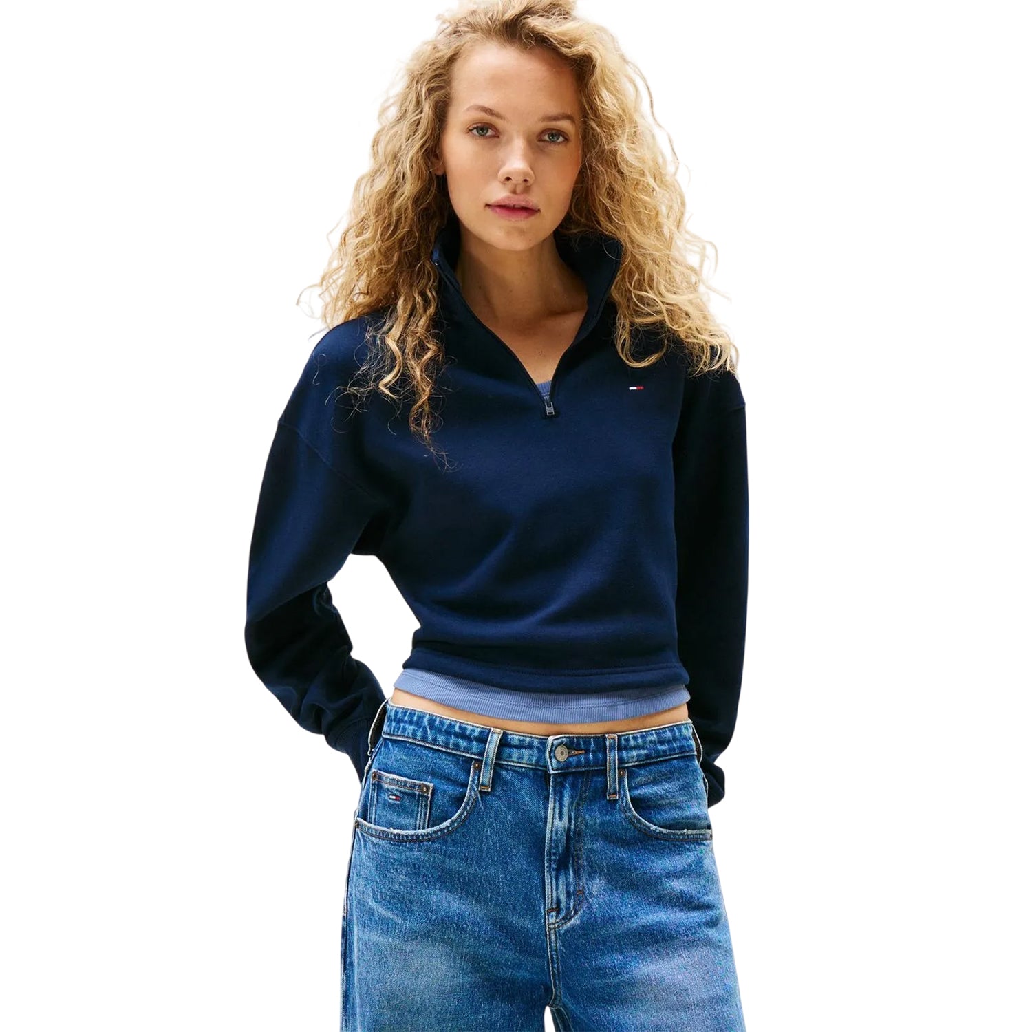 Dark Navy - Side - Tommy Jeans Womens-Ladies Fleece Quarter Zip Boxy Crop Sweatshirt